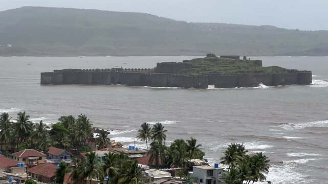 Scenic views of Murud-Janjira Fort off the Konkan coast of Maharashtra, India &mdash; a historic sea fort known for its impregnable walls, surrounded by the Arabian Sea and captured during monsoon with cras