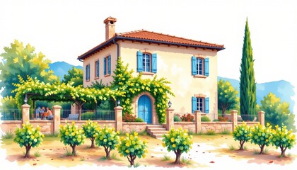 watercolor painting, mediterranean two story house with blue shutters, stucco walls, vineyard setting, white background, photorealistic