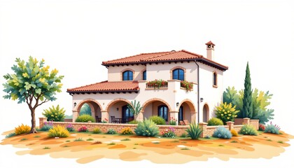 watercolor painting, mediterranean two story house with stucco arches, terracotta walls, coastal plain setting, white background