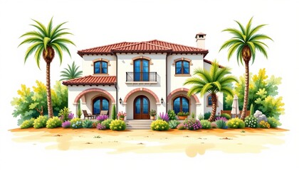 watercolor painting, mediterranean two story house with arched doorways, red tile roof, beachside setting, white background, photorealistic