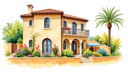 watercolor painting, mediterranean two story house with arched windows, ochre stucco, coastal village setting, white background