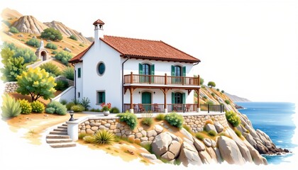 watercolor painting, mediterranean two story house with white stucco, red roof, seaside cliff setting, white background, photorealistic