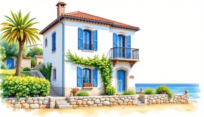 watercolor painting, mediterranean two story house with blue shutters, white facade, beachfront setting, white background, photorealistic
