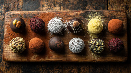 Assorted Chocolate Bonbons on Rustic Wooden Board, Top View