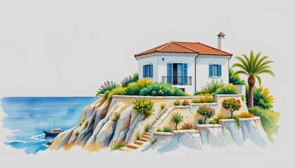 watercolor painting, mediterranean two story house with terracotta roof, white stucco, seaside cliff setting, white background