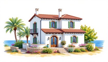 watercolor painting, mediterranean two story house with white stucco, red roof, seaside setting, white background, photorealistic