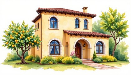 watercolor painting, mediterranean two story house with arched windows, ochre stucco, citrus grove setting, white background