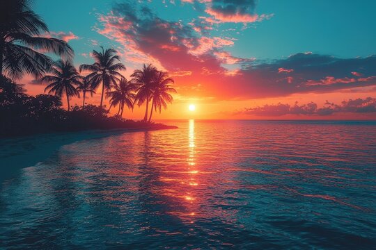 Dark palm trees silhouettes on colorful tropical ocean sunset landscape