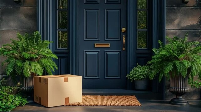 Cardboard package delivered and placed on doormat in front of elegant dark blue front door with potted green plants creating a home delivery and online shopping concept