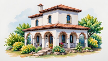 watercolor painting, mediterranean two story house with stucco arches, terracotta roof, coastal village setting, white background