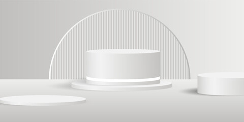 Abstract white background with cylindrical podium for displaying products, 3D white and grey cylindrical pedestal with curved background and cave wall, Vector illustration