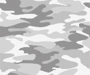 Fototapeta premium Abstract halftone seamless camouflage pattern. Repeating digital dotted hexagonal camo military texture background. Abstract modern fabric textile ornament. Vector illustration. 