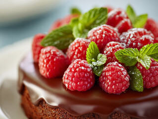 A close-up of a gourmet chocolate cake decorated with raspberries and mint leaves 