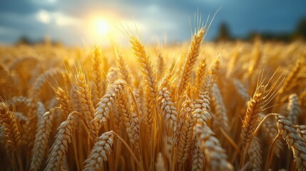 Field of wheat in sunny day, close up of ripening wheat ears, crops field, rural landscape