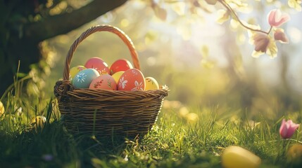 Easter painted eggs in basket on grass in sunny orchard