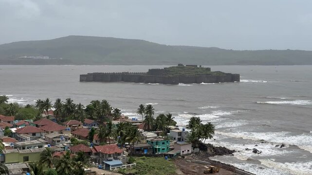 Scenic views of Murud-Janjira Fort off the Konkan coast of Maharashtra, India &mdash; a historic sea fort known for its impregnable walls, surrounded by the Arabian Sea and captured during monsoon with cras