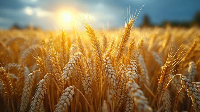 Field of wheat in sunny day, close up of ripening wheat ears, crops field, rural landscape