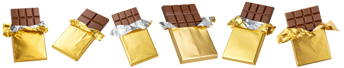 Set of milk chocolate bars partially unwrapped in golden foil packaging, showing different angles and bite positions cut out isolated Transparent PNG Elements