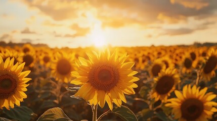 Beautiful field of sunflowers against the sky in the evening light of a summer sunset