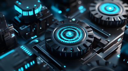 Futuristic Control Panel with Illuminated Dials and Circuitry