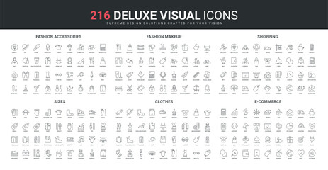 Clothes and accessory of fashion store, online shopping, ecommerce line icon set. Guide to measure body and head, foot size, makeup and beauty tools thin black outline symbols vector illustration