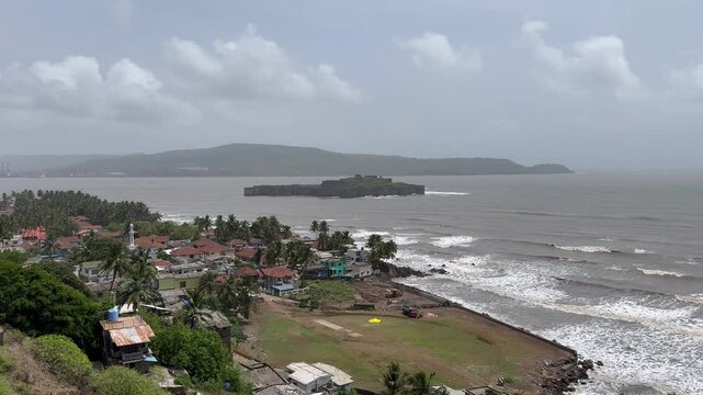Scenic views of Murud-Janjira Fort off the Konkan coast of Maharashtra, India &mdash; a historic sea fort known for its impregnable walls, surrounded by the Arabian Sea and captured during monsoon with cras