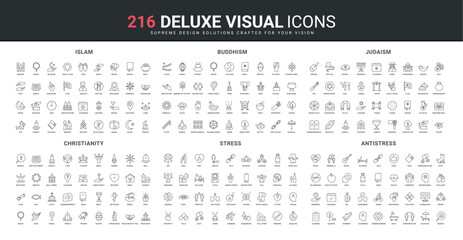 Religion, stress and antistress technology, mental health line icons set. Christian, Buddhist, Muslim religious prayer tradition, temple and food, thin black outline symbols vector illustration