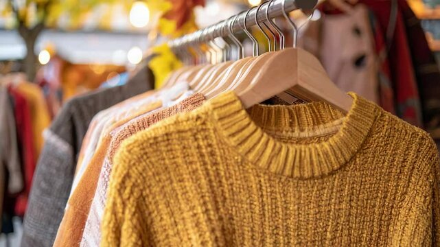 Warm knitted sweaters hanging on wooden hangers in fashion store.
