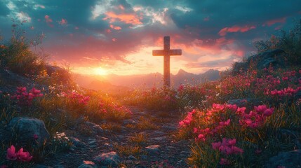 Christian cross on a background with dramatic lighting, colorful mountain sunset