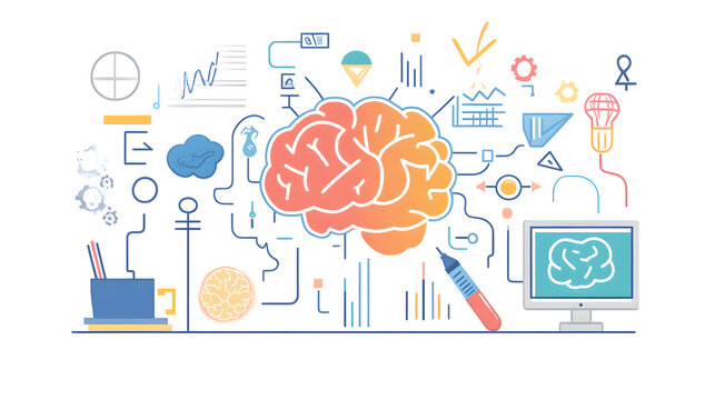 Illustration of a brain surrounded by various scientific and technological symbols