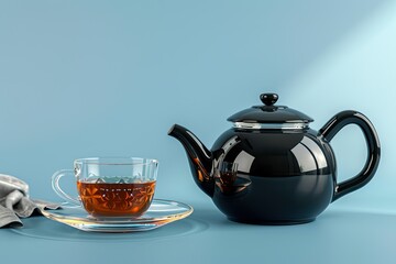 vibrant picture of black kettle and cup of tea on the blue background