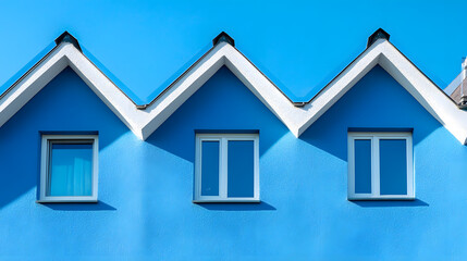 Obraz premium Bright Blue Building with Three Gabled Roofs and Windows