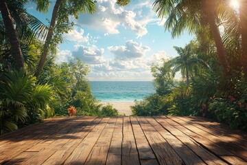 Table background of free space for your decoration and tropics and blue sky background