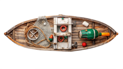 White fishing boat overhead view isolated on a white background