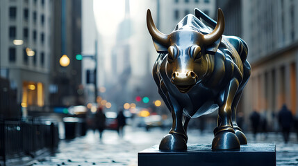 Shiny Metallic Bull Statue in an Urban Street Setting