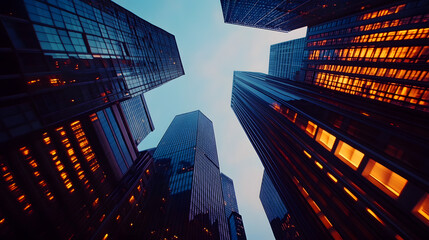 Skyscrapers reaching towards the sky, illuminated windows reflecting urban life