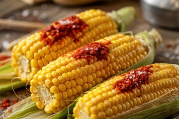 A photograph of a close up of boiled corn on the cob, glistening with melted butter and generously coated in vibrant red chili powder