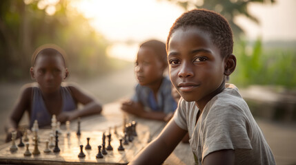 African primary school children playing games. Black children, full of life and joy, enjoying their childhood and playing together. Small faces with big smiles