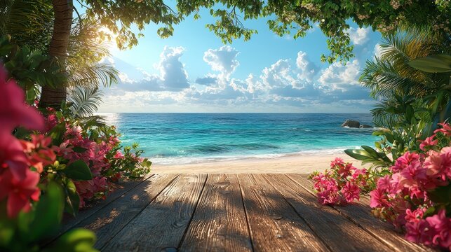 Table background of free space for your decoration and tropics and blue sky background