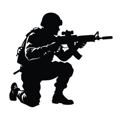  A vector silhouette of a soldier kneeling in a combat stance, holding a rifle with both hands