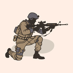  A vector silhouette of a soldier kneeling in a combat stance, holding a rifle with both hands