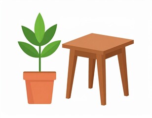 Obraz premium Potted Plant And Small Wooden Table Illustration