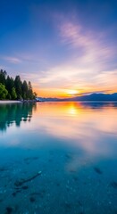 Obraz premium Tranquil Lake at Sunset with Colorful Sky Reflections and Forested Shoreline