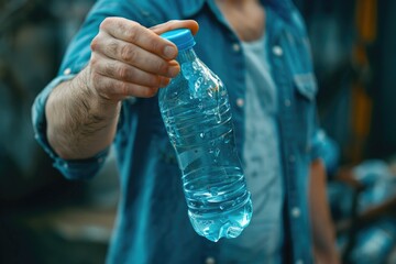 High Resolution Image of a Man in a Blue Shirt is Holding a Bottle of Recycling in His Hand