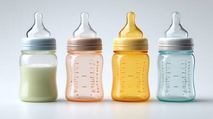 Colorful baby bottles with various liquids.