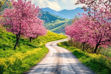 Spring road landscape in beautiful nature travel, spring colors in mountain road scenery