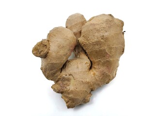Top view of a fresh ginger root with natural knobby texture and earthy brown skin, isolated on a white background.