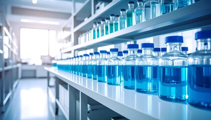 Rows of blue liquid bottles on laboratory shelves