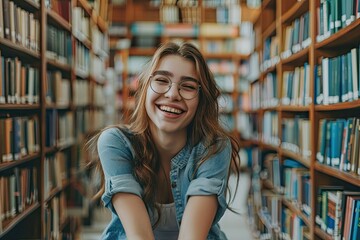 Sharp Image of Cheerful Student Girl in Modern Library