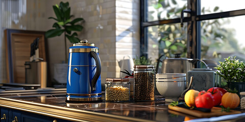 Modern Kitchen Countertop with Blue Kettle Glass Jars Fresh Fruits and Lush Greenery in Natural Light

